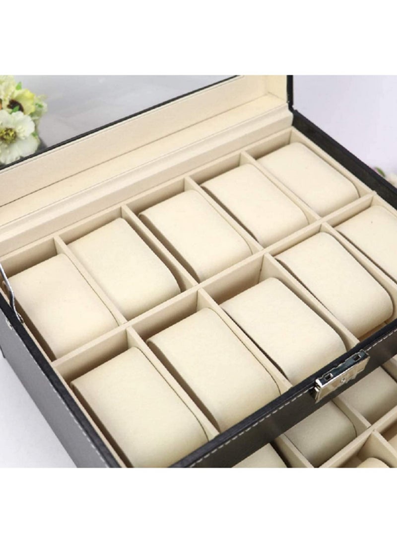 PU Leather Watch Box Storage Case Watch Display Organizer Lockable With 2 Layers 20 Slots For Jewelry Watch Collection Black - Image 4