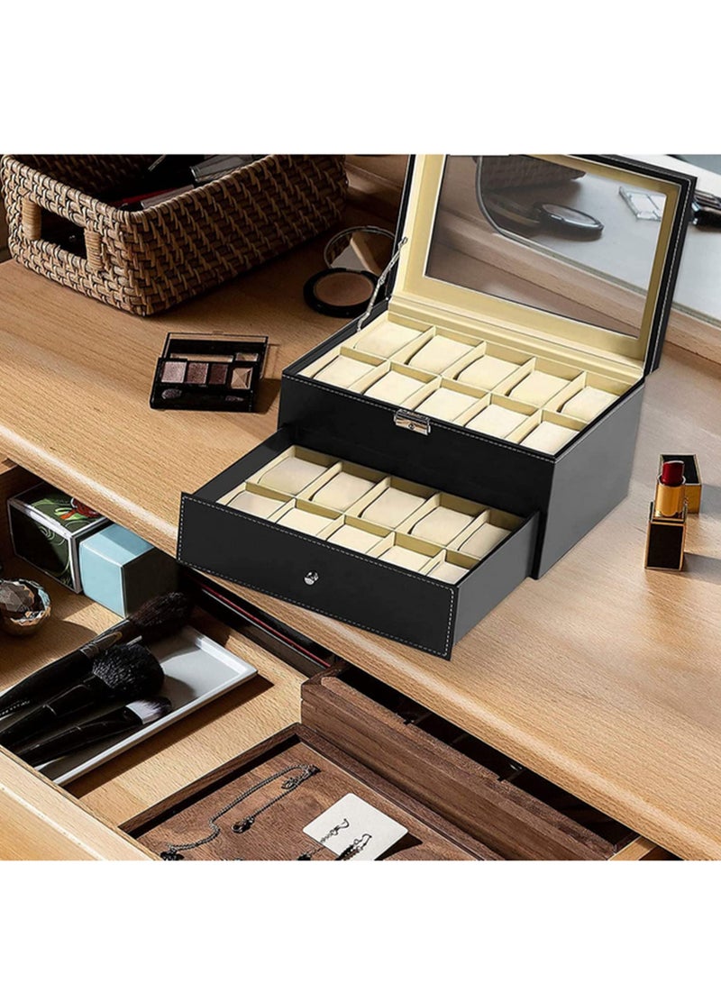 PU Leather Watch Box Storage Case Watch Display Organizer Lockable With 2 Layers 20 Slots For Jewelry Watch Collection Black - Image 5