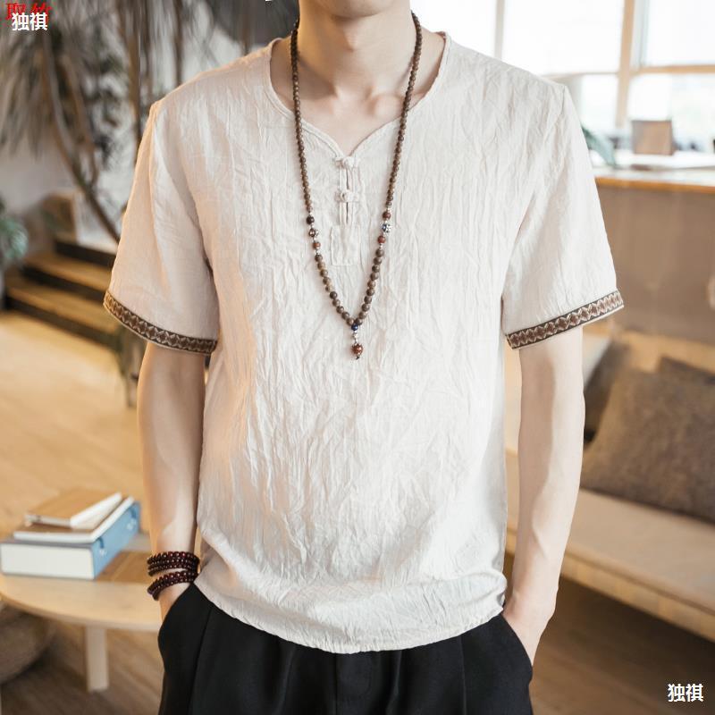 Chinese Style Men'S T-Shirt Summer Cotton Linen Shirt Linen Top Clothes Linen Round Neck Short-Sleeved T-Shirt - Image 4
