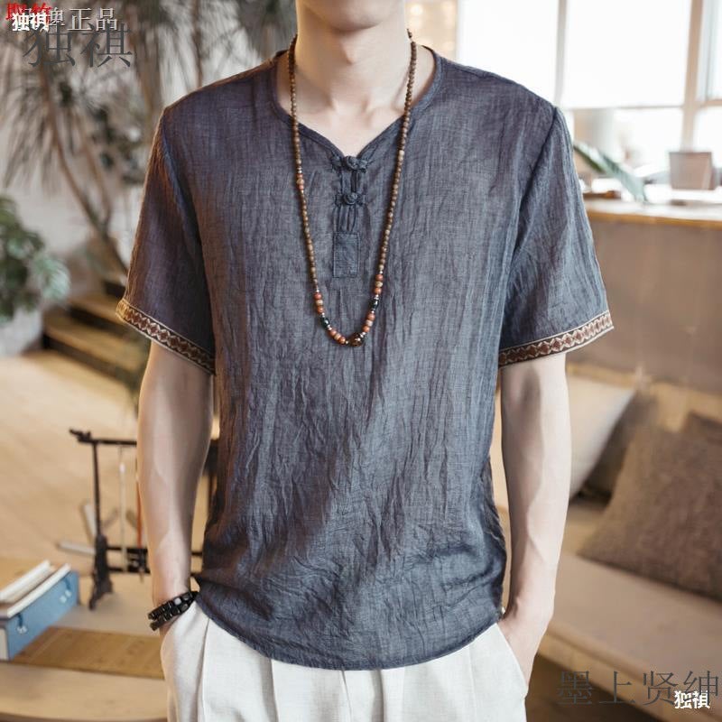 Chinese Style Men'S T-Shirt Summer Cotton Linen Shirt Linen Top Clothes Linen Round Neck Short-Sleeved T-Shirt - Image 1