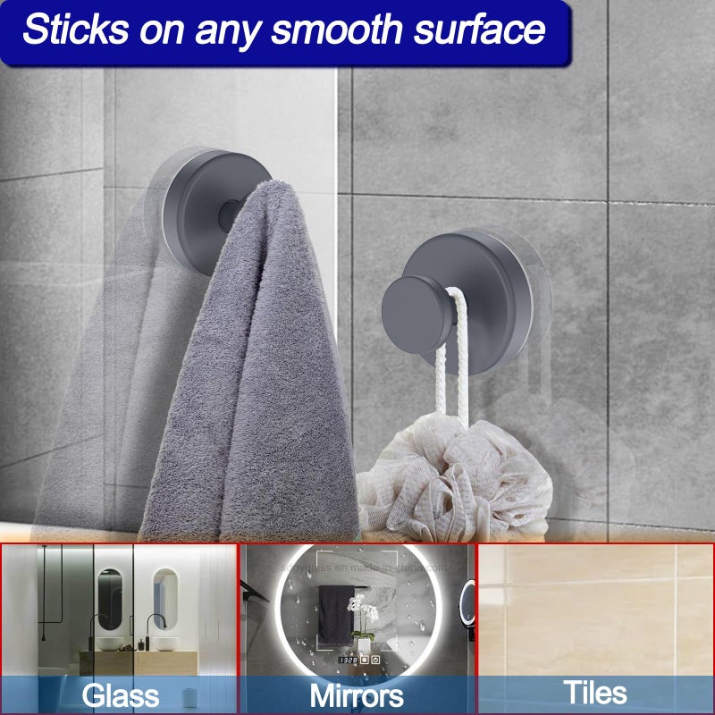 Bntuk Suction Cup Hooks for Shower, Removable Towel Hooks for Bathroom Window Glass Door Wall, Bath Robe Looafh Hook for Hanging - 2 Pack, Grey - Image 4