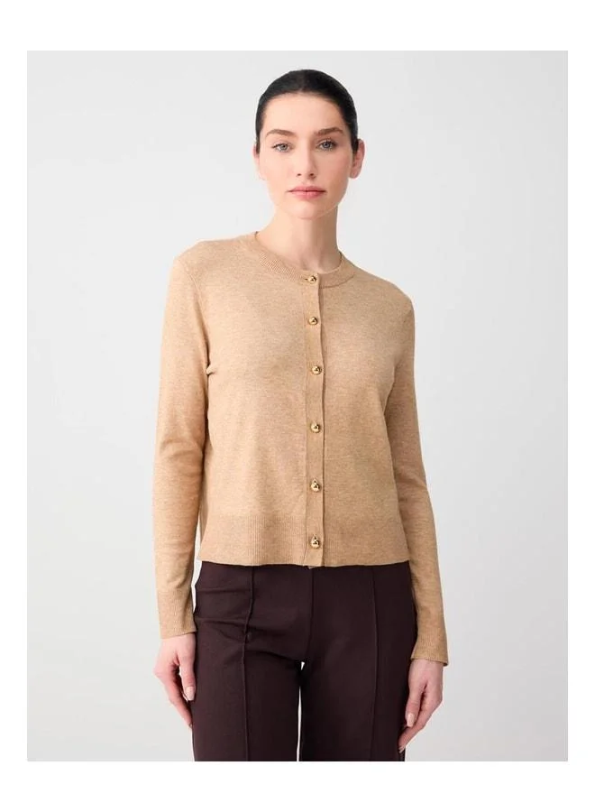 Jimmy Key Beige Round Neck Long Sleeve Button-Detailed Knit Cardigan.