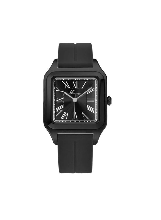 Men's rubber wristwatch - Cartier style, water-resistant, high quality, black strap with black dial