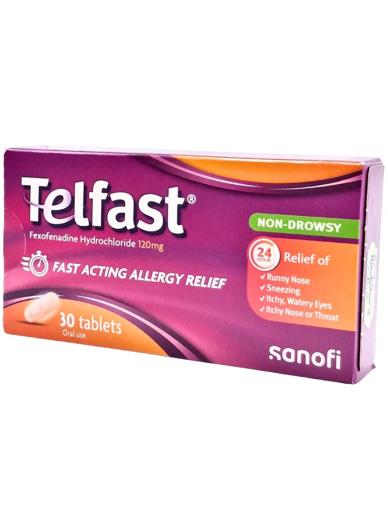 Telfast 120mg Allergy Relief 30 Tablets (Non-Drowsy Antihistamine for Hay Fever)