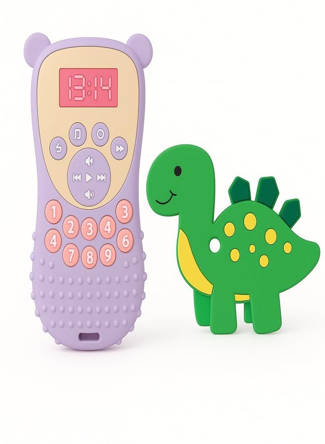 DTR Creation Silicone Baby Teether Pack of 2 – Soft BPA-Free Food Grade Teething Toys for Babies 0–3 Years | Cute Purple Remote & Green Dinosaur Design | Safe, Durable, Washable & Easy to Hold - Image 1