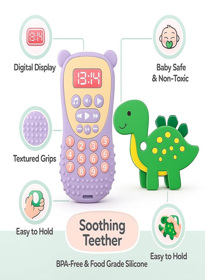 DTR Creation Silicone Baby Teether Pack of 2 – Soft BPA-Free Food Grade Teething Toys for Babies 0–3 Years | Cute Purple Remote & Green Dinosaur Design | Safe, Durable, Washable & Easy to Hold - Image 3