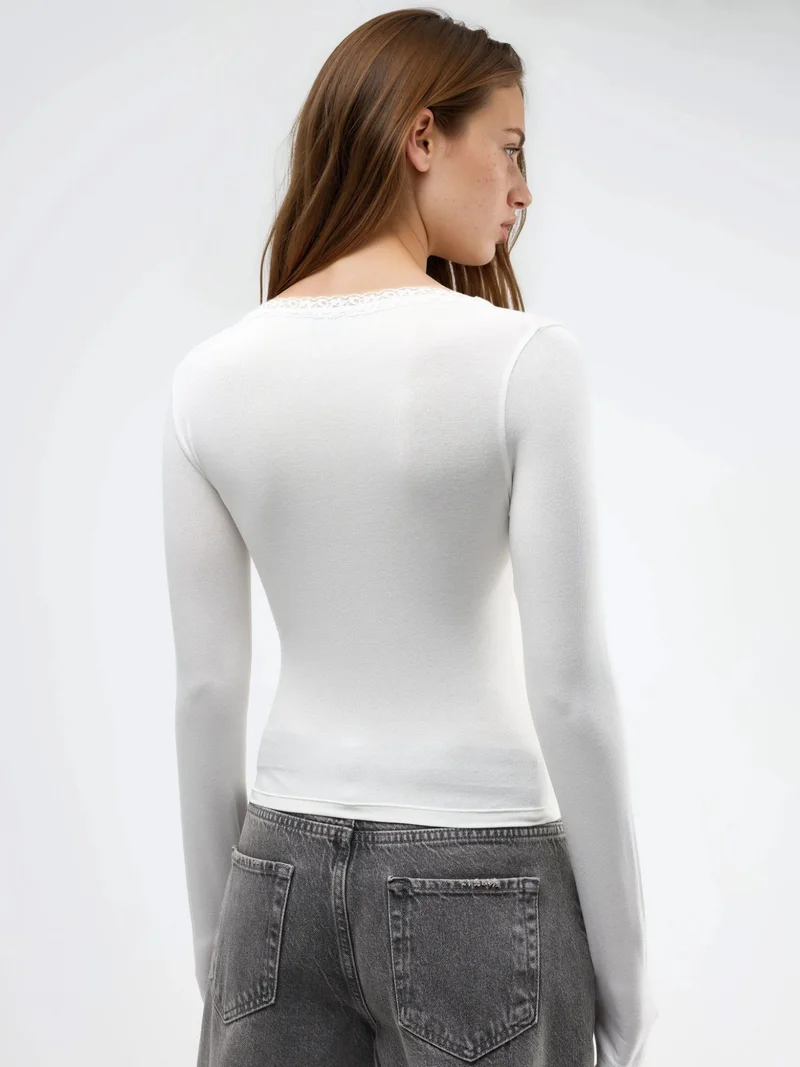 Busem White BUSEM V-Neck Long Sleeve Blouse with Lace Detail for Women | Best Price UAE