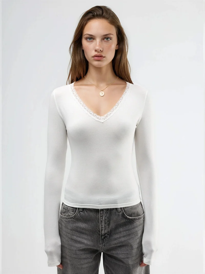 Busem White BUSEM V-Neck Long Sleeve Blouse with Lace Detail for Women | Best Price UAE