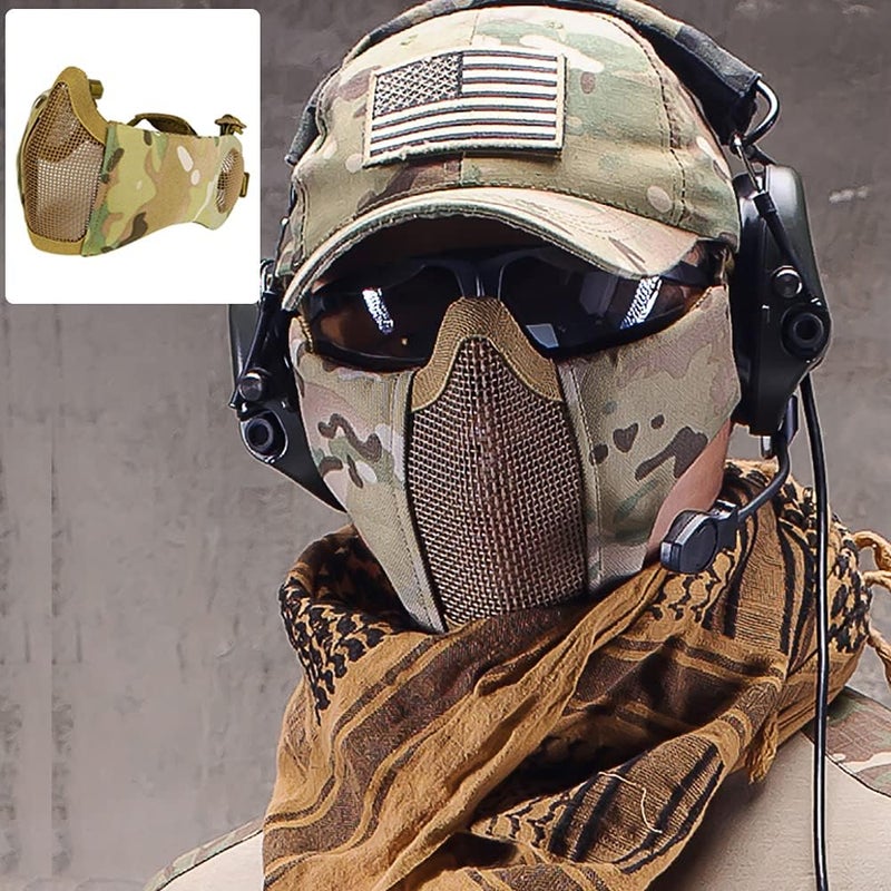 Aoutacc قناع هوائي قابل للطي من الشبك، أقنعة شبكية عسكرية تكتيكية نصف وجه مع حماية للأذن قابلة للتعديل لحماية CS للصيد في CS وطلاء الكرة، - Image 3