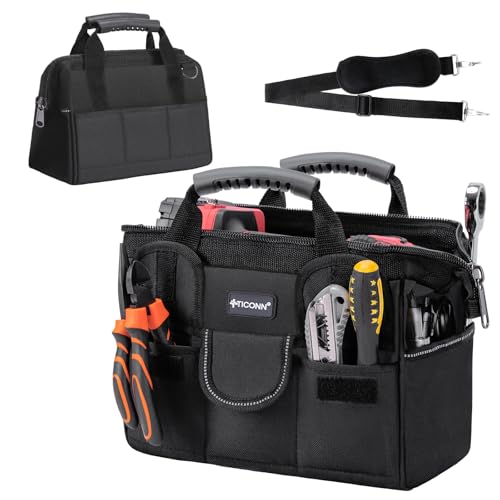 TICONN Heavy Duty Tool Bag with Multi-Pockets, Portable Tool Box Organizer Storage Bag, with Adjustable Shoulder Strap and Ergonomic Handle (Black, 12" Standard Base) - Image 1