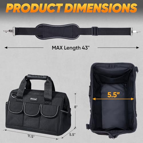 TICONN Heavy Duty Tool Bag with Multi-Pockets, Portable Tool Box Organizer Storage Bag, with Adjustable Shoulder Strap and Ergonomic Handle (Black, 12" Standard Base) - Image 3