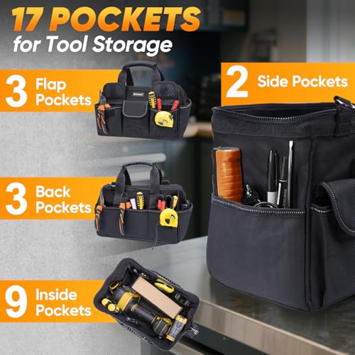 TICONN Heavy Duty Tool Bag with Multi-Pockets, Portable Tool Box Organizer Storage Bag, with Adjustable Shoulder Strap and Ergonomic Handle (Black, 12" Standard Base) - Image 4