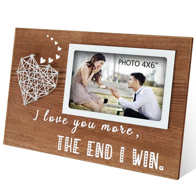 EXQUIDECA Romantic Gifts for Boyfriend and Girlfriend - Couples Valentine Picture Frame with String Heart 4x6 Inches - I Love You More The End I Win - Image 1