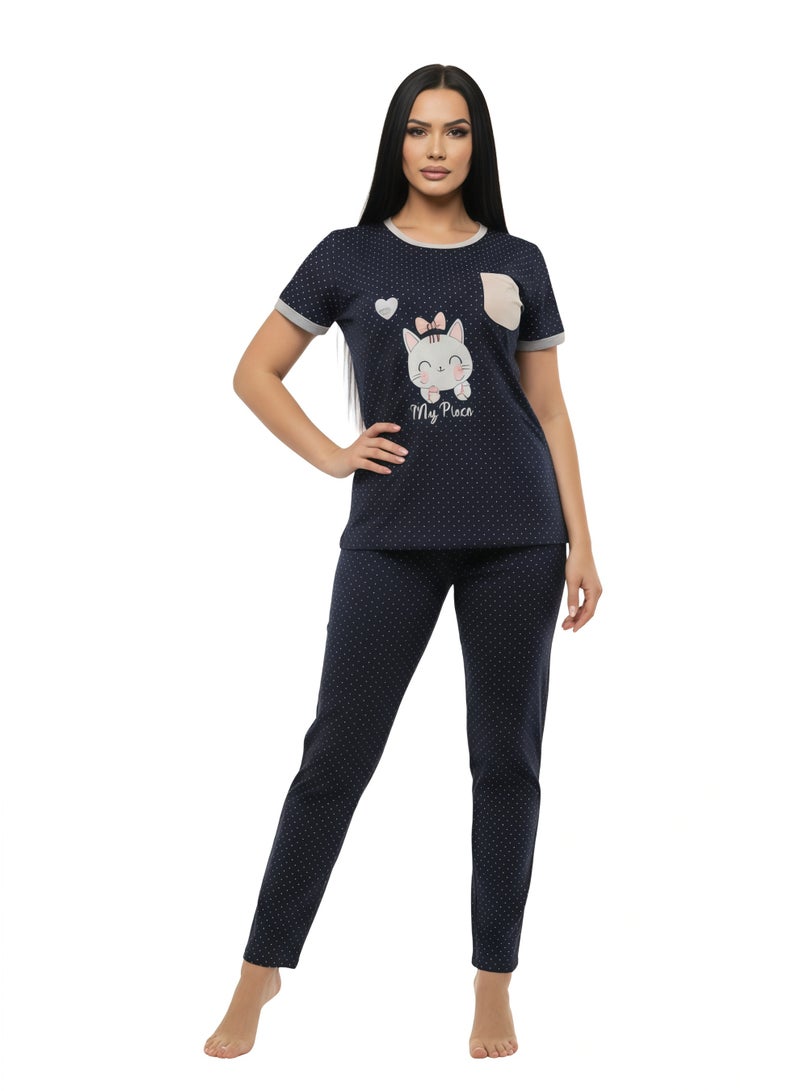 JOANNA Women's Good Life Print With Pocket Short Sleeve Shirt & Long Pants Pajama Set, Navy Blue - Image 4