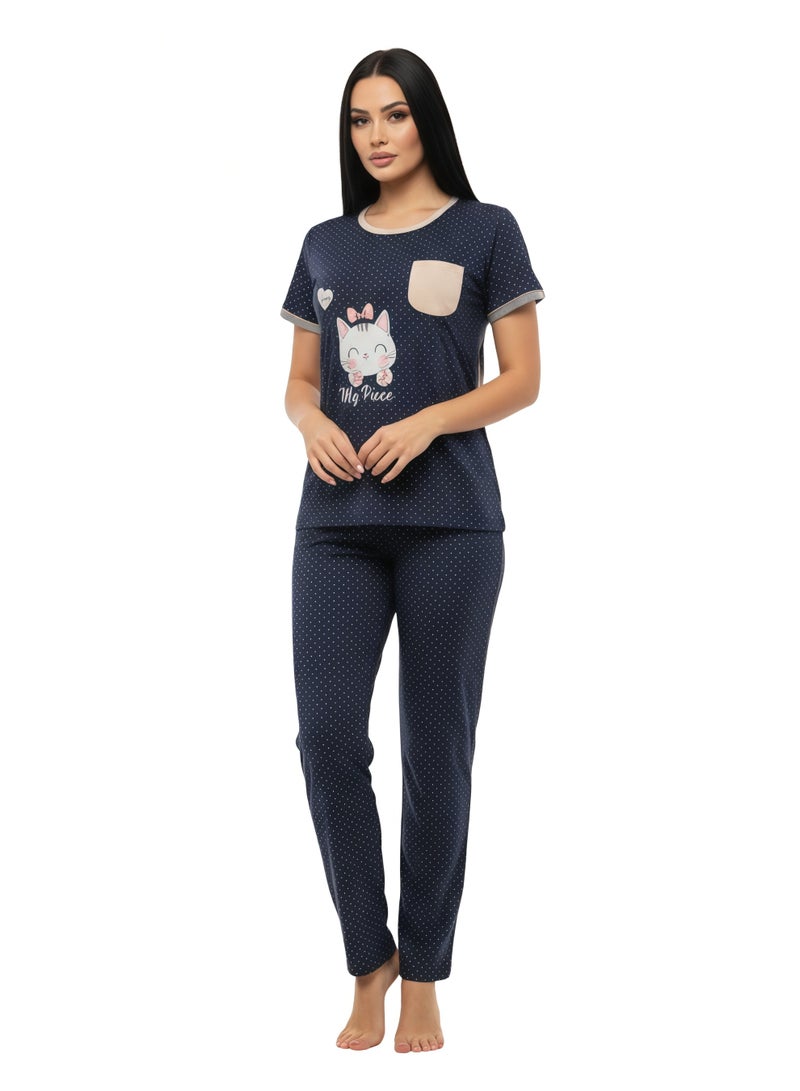 JOANNA Women's Good Life Print With Pocket Short Sleeve Shirt & Long Pants Pajama Set, Navy Blue - Image 1