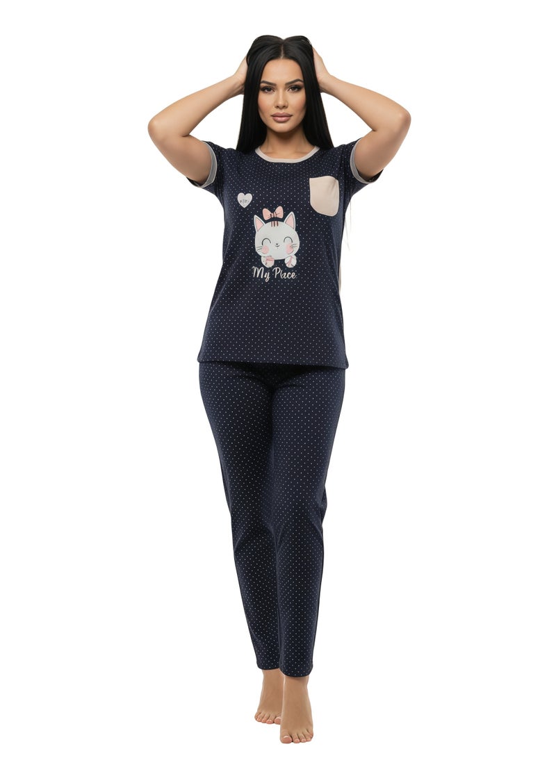 JOANNA Women's Good Life Print With Pocket Short Sleeve Shirt & Long Pants Pajama Set, Navy Blue - Image 3