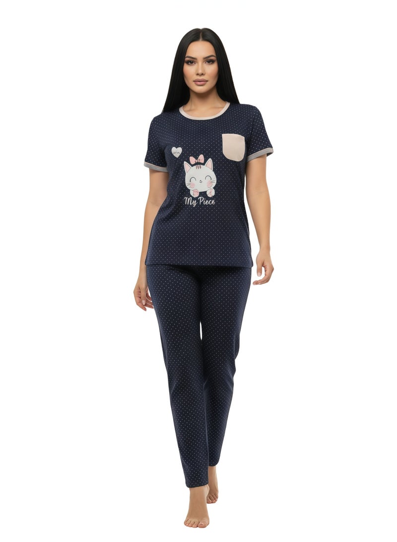 JOANNA Women's Good Life Print With Pocket Short Sleeve Shirt & Long Pants Pajama Set, Navy Blue - Image 2