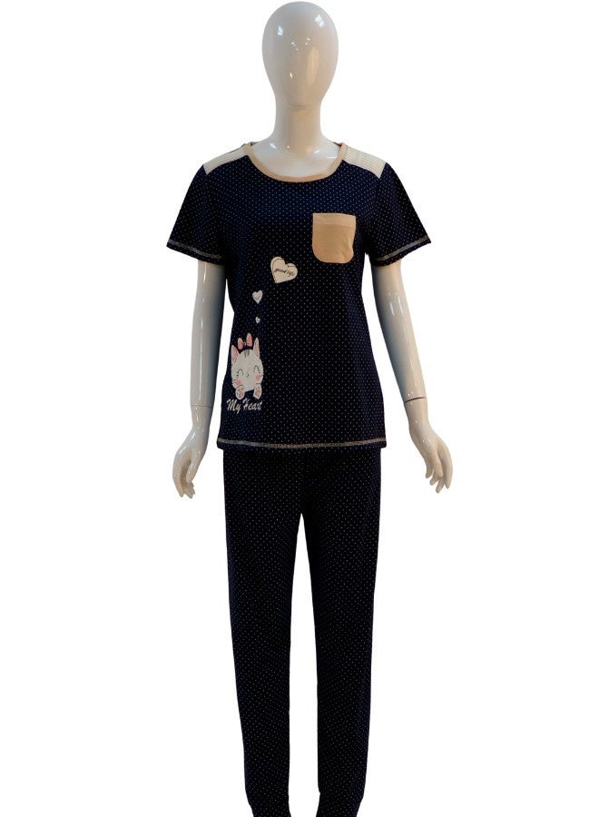 JOANNA JOANNA Women's Good Life Print With Pocket Short Sleeve Shirt & Long Pants Pajama Set, Navy Blue - Image 1
