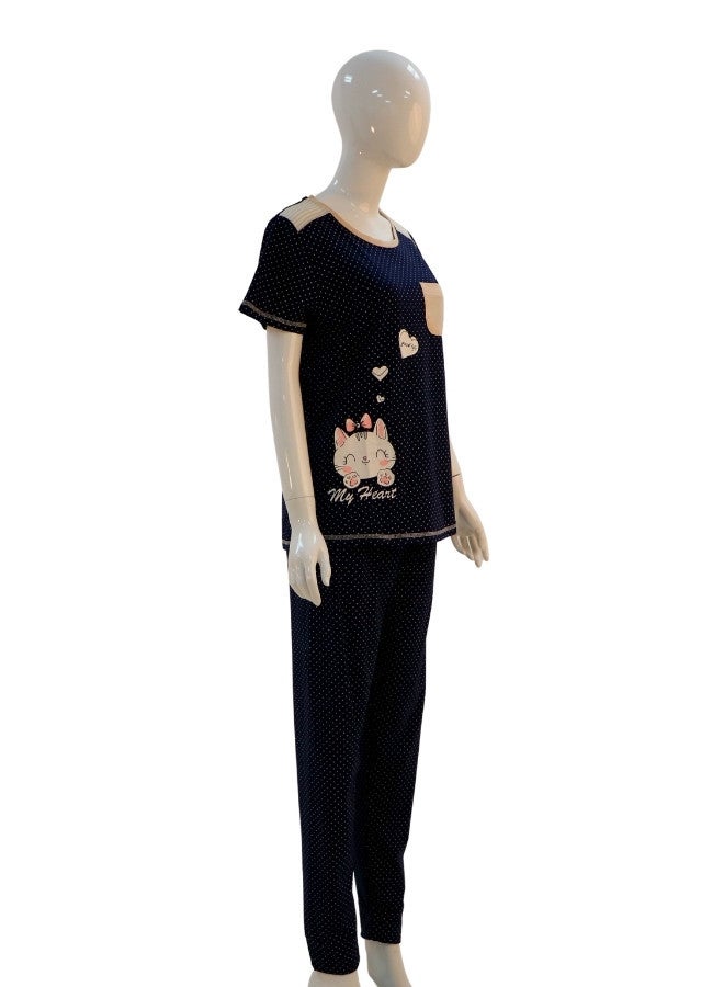 JOANNA JOANNA Women's Good Life Print With Pocket Short Sleeve Shirt & Long Pants Pajama Set, Navy Blue - Image 4