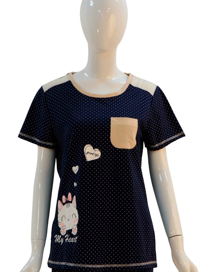 JOANNA JOANNA Women's Good Life Print With Pocket Short Sleeve Shirt & Long Pants Pajama Set, Navy Blue - Image 2