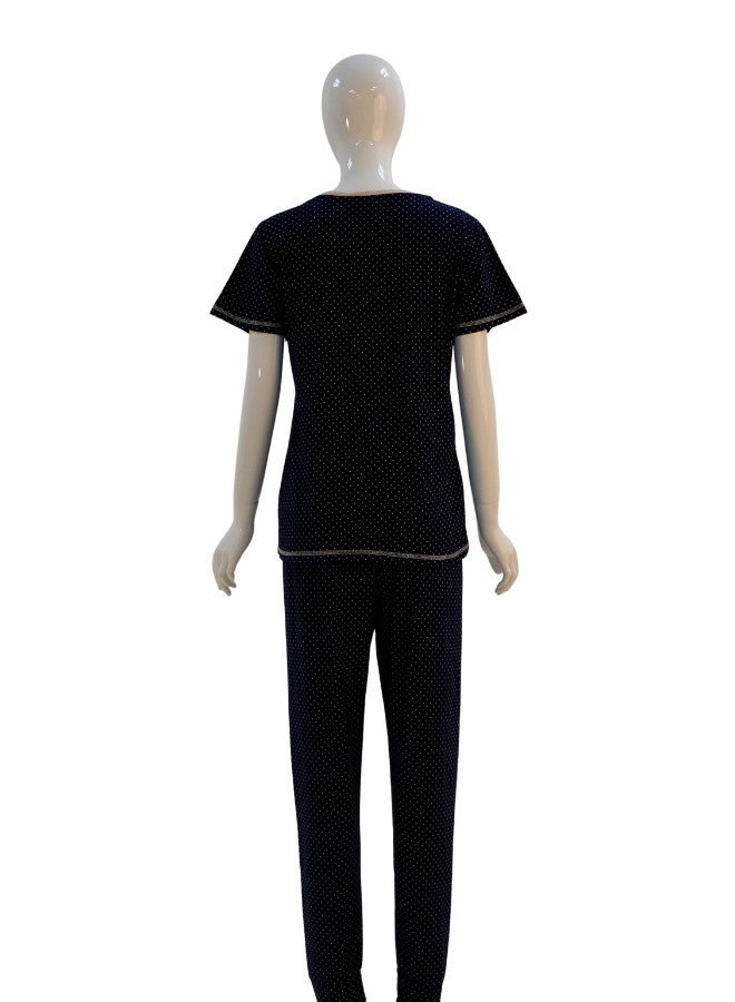JOANNA JOANNA Women's Good Life Print With Pocket Short Sleeve Shirt & Long Pants Pajama Set, Navy Blue - Image 5