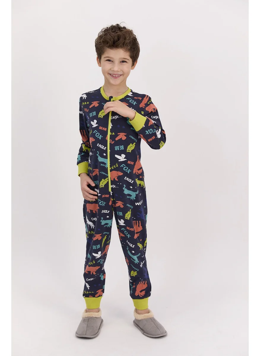 RolyPoly Animals Navy Blue Boy Zippered Overalls