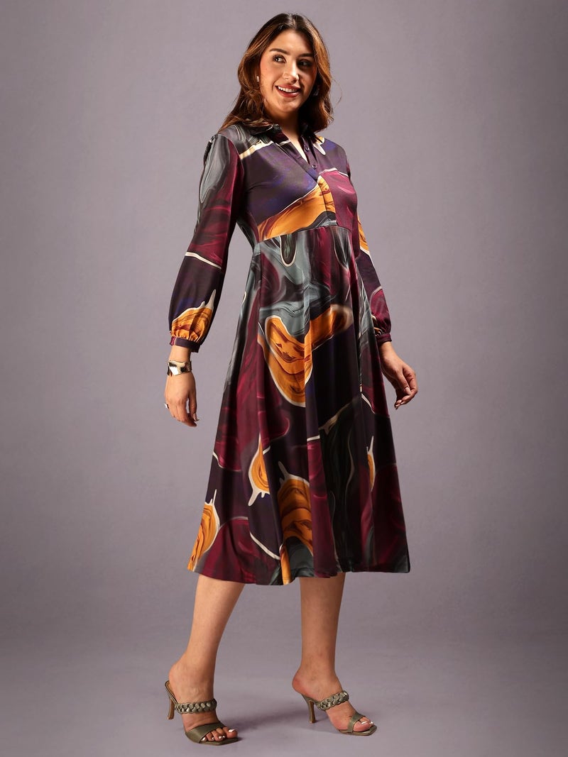 HELLCAT Shirt Collar Dress for Women | Western A-Line Midi Cotton Blend Dress | Stylish Full Sleeve Short Dress_Burgundy_XX-Small - Image 4
