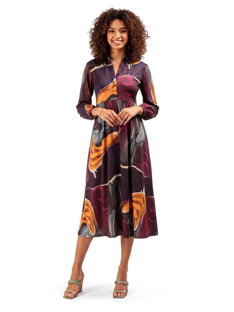 HELLCAT Shirt Collar Dress for Women | Western A-Line Midi Cotton Blend Dress | Stylish Full Sleeve Short Dress_Burgundy_XX-Small - Image 1