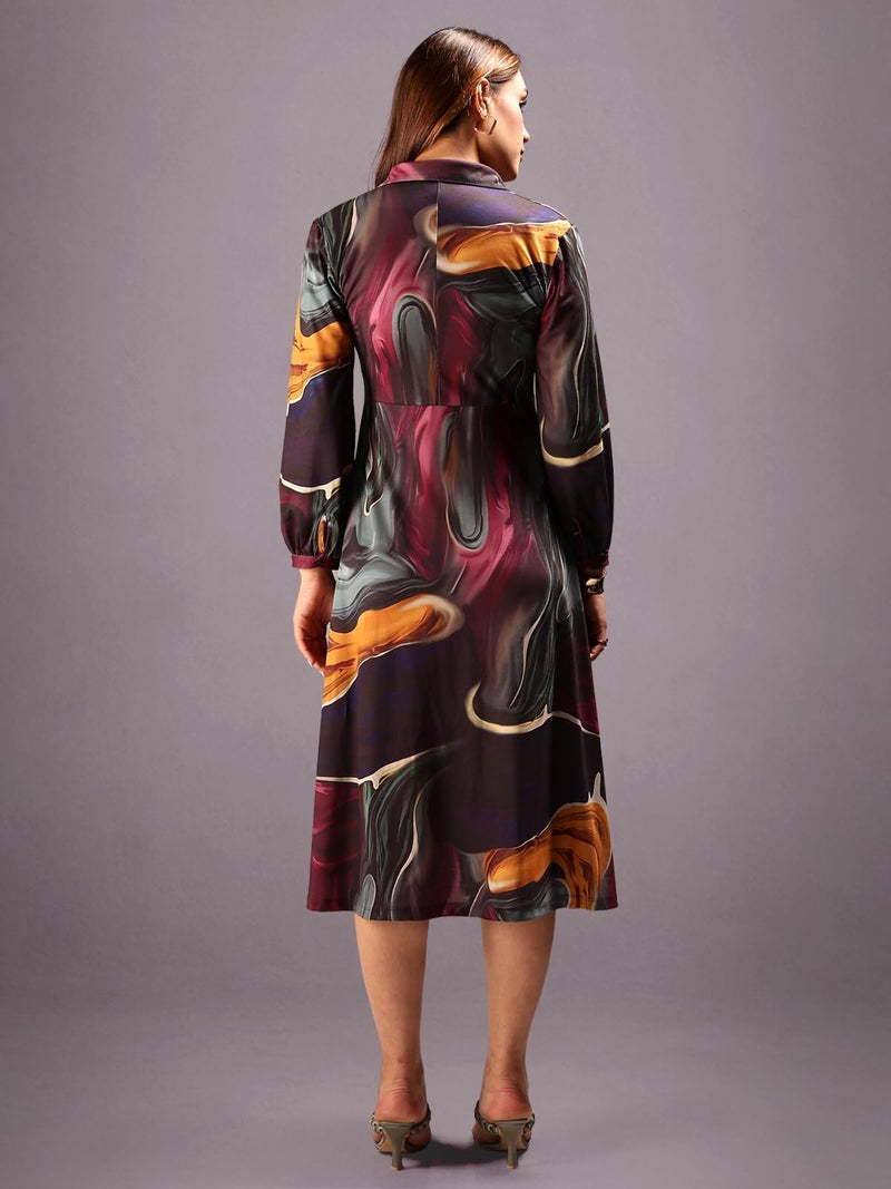 HELLCAT Shirt Collar Dress for Women | Western A-Line Midi Cotton Blend Dress | Stylish Full Sleeve Short Dress_Burgundy_XX-Small - Image 3