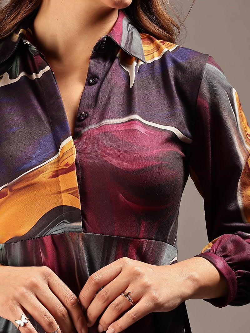 HELLCAT Shirt Collar Dress for Women | Western A-Line Midi Cotton Blend Dress | Stylish Full Sleeve Short Dress_Burgundy_XX-Small - Image 2
