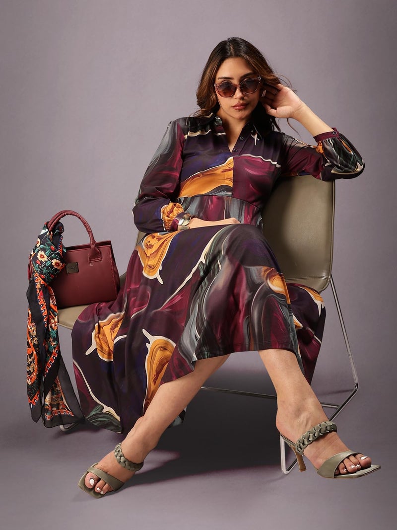HELLCAT Shirt Collar Dress for Women | Western A-Line Midi Cotton Blend Dress | Stylish Full Sleeve Short Dress_Burgundy_XX-Small - Image 5