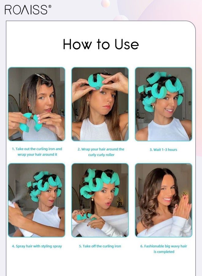 roaiss 12Pcs Hair Curler C Shape Heatless Sponge Fluffy Styling Curling Ring Night DIY Reusable Curling Iron for Women Long and Medium-length Hair with Pointed Tail Comb - Green - Image 2