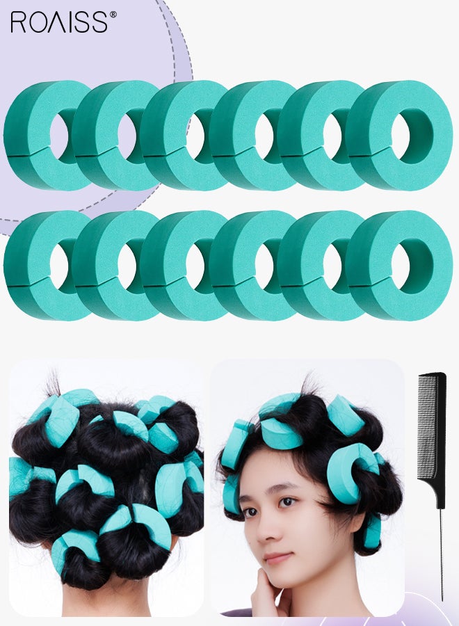 roaiss 12Pcs Hair Curler C Shape Heatless Sponge Fluffy Styling Curling Ring Night DIY Reusable Curling Iron for Women Long and Medium-length Hair with Pointed Tail Comb - Green - Image 1