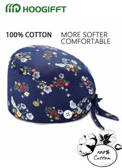 HOOGIFFT 4 Pack Working Cap, with Buttons and Sweatband, Cotton Printed Adjustable Bouffant Tie Back Hats for Women and Men，Head Covers,Shower Caps,   Nurse hat with buttons，One Size  - Image 3