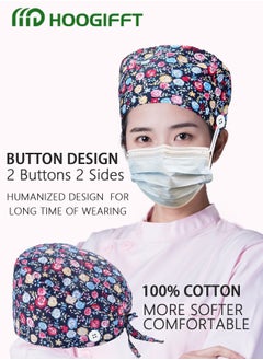 HOOGIFFT 4 Pack Working Cap, with Buttons and Sweatband, Cotton Printed Adjustable Bouffant Tie Back Hats for Women and Men，Head Covers,Shower Caps,   Nurse hat with buttons，One Size  - Image 2