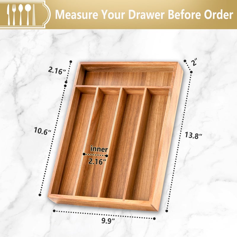 SUNBREATH Silverware Organizer, 10 Inch Utensil Organizer Kitchen Drawer Organizer Acacia Silverware Holder Cutlery Tray Organizer in Drawer Flatware Organizer Tray(5 slots, Acacia - Image 2