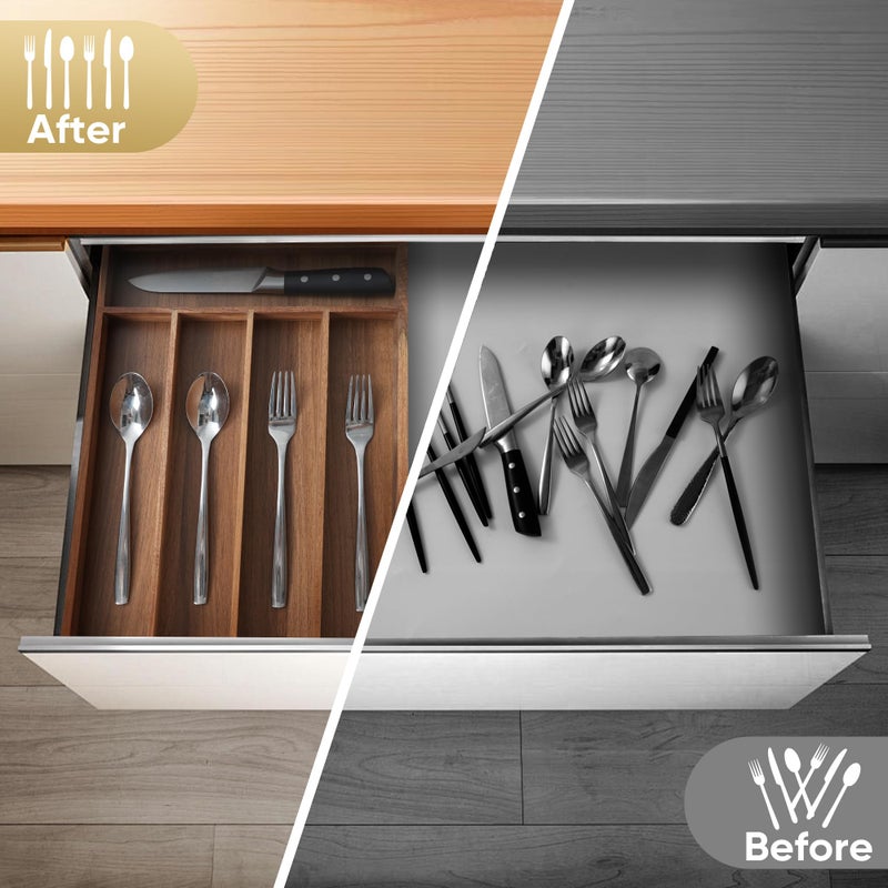 SUNBREATH Silverware Organizer, 10 Inch Utensil Organizer Kitchen Drawer Organizer Acacia Silverware Holder Cutlery Tray Organizer in Drawer Flatware Organizer Tray(5 slots, Acacia - Image 4