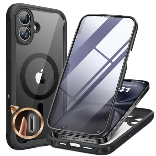 Miracase Magnetic for iPhone 16 Plus Case Full-Body Phone with Built-in Glass Screen Protector, [Compatible with MagSafe] Military Drop Proof 16 Plus Cover Bumper 6.7 inch, Black - Image 1