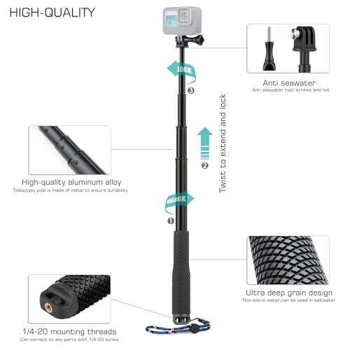 GEPULY Waterproof Selfie Stick Pole Hand Grip Adjustable Underwater Monopod for GoPro Hero 13 12 11 10 9 8 7 6 5 AKASO DJI OSMO 6 5 Pro Action Camera Black - Image 3