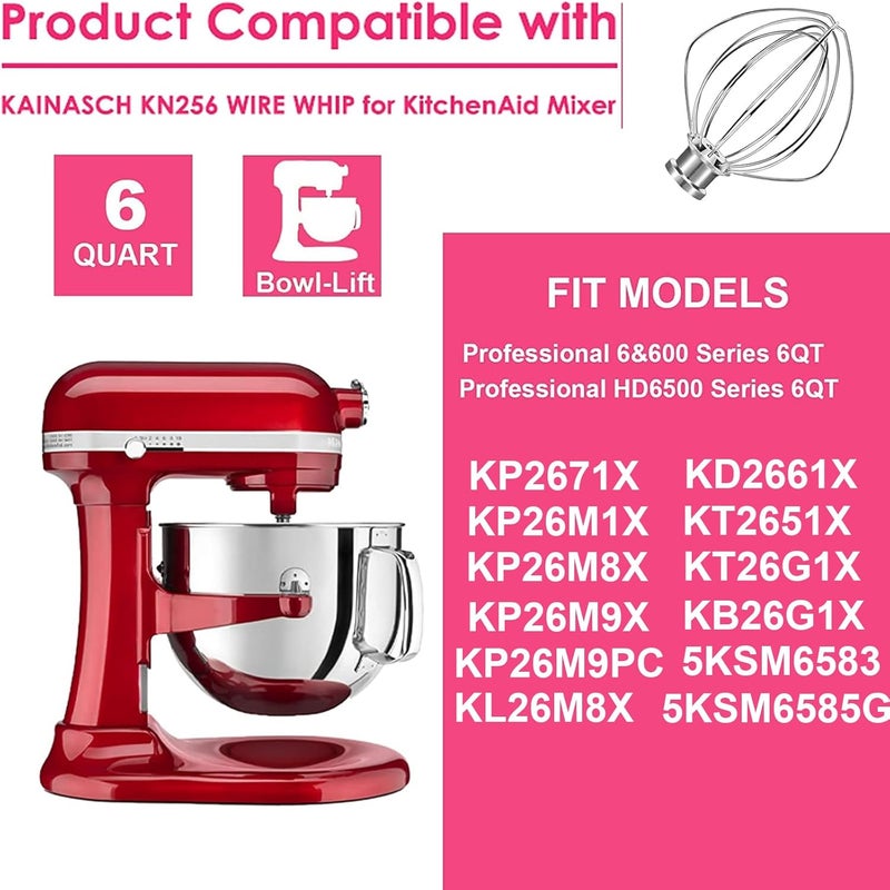 Kainasch ملحق خفاق من الفولاذ المقاوم للصدأ KN256WW لخلاط KitchenAid بحجم وعاء 6 لترات، ملحق خفاق ذو 6 أسلاك لإكسسوارات KitchenAid - Image 2