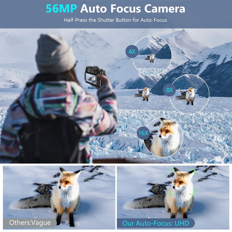 4K Digital Camera 56MP Autofocus Entry Microslice Digital Camera Home Travel Camera with WIFI Camera 16X Digital Zoom Compact Camera 3.0 inch Screen With 32GB SD Card + 2 Batteries + Lanyard - Image 2
