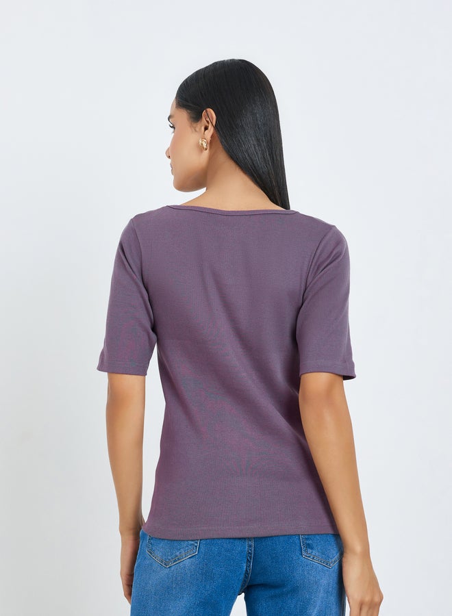 Styli Purple Square Neck 100% Cotton Slim Fit T-Shirt - Image 5