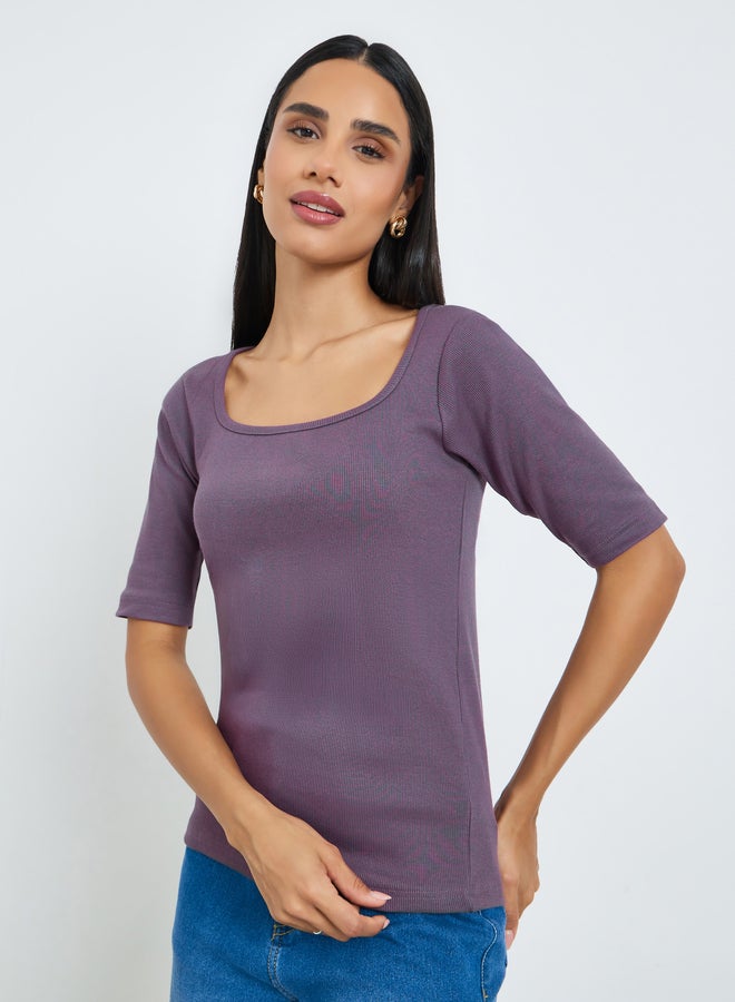 Styli Purple Square Neck 100% Cotton Slim Fit T-Shirt - Image 1