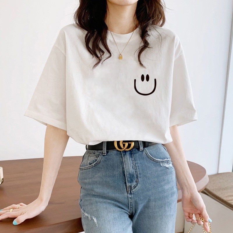 Summer Womens Short-sleeved T-shirt Womens 2024 New White Interior Korean Loose Half-sleeved Top Ins Trendy Smiley face