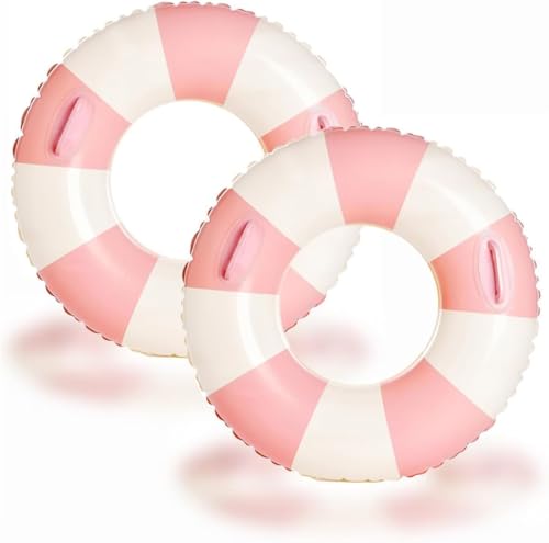 Yuokwer 30 inch Pink Inflatable Pool Floats for Adults 2 Pack Striped Floaties Pool Tubes Swim Rings with Handles Inflatable Pool Float for Swimming Pool Party Lake Beach Adults Pink 90 - Image 1