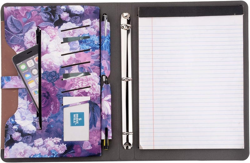 XIAOZHI 3-Ring Binder Portfolio Case, Floral Painting PU Leather Binder Padfolio, Business Planner Organizer with Notepad Holder - Image 4