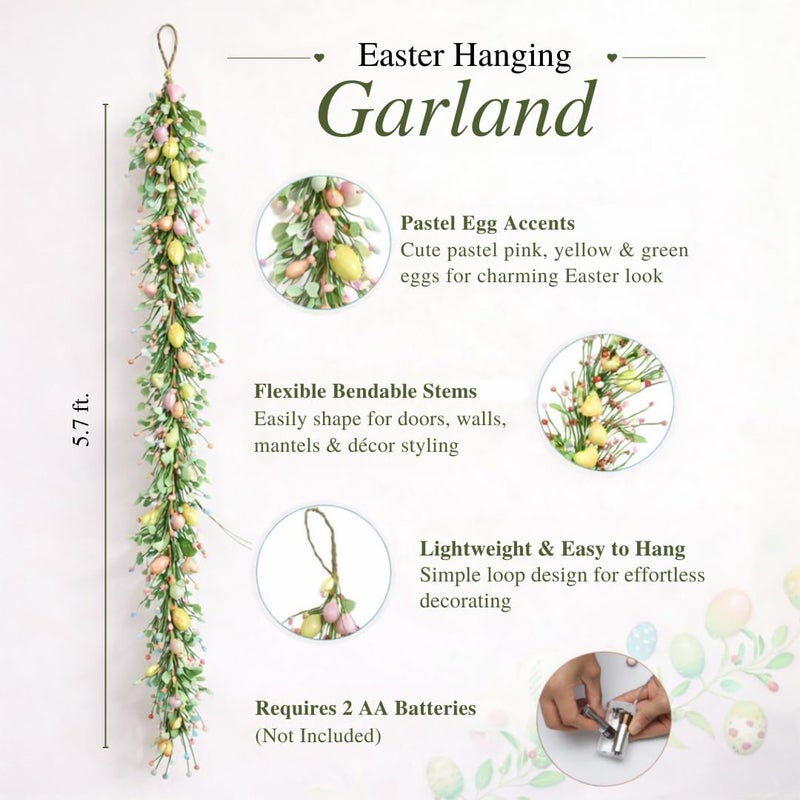 vaanshie Easter Garland Decorations â€“ 5.7 ft Artificial Bunny & Egg Spring Garland for Front Door, Mantel, Porch, Windows, Party & Home DÃ©cor, Pastel Holiday Decoration - Image 2