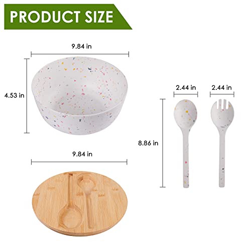 ECOWAY Melamine Salad Bowl with Bamboo Lid & Servers, Bamboo Fiber Salad Serving Bowl 4Qt, Salad Mixing Utensils with Tongs Spoon for Salad, Fruit, Soup, Vegetables, Pasta, Dessert Bowls, 9.84 Inches - Image 4