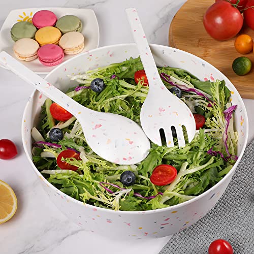 ECOWAY Melamine Salad Bowl with Bamboo Lid & Servers, Bamboo Fiber Salad Serving Bowl 4Qt, Salad Mixing Utensils with Tongs Spoon for Salad, Fruit, Soup, Vegetables, Pasta, Dessert Bowls, 9.84 Inches - Image 3