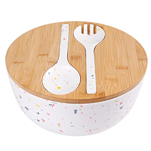 ECOWAY Melamine Salad Bowl with Bamboo Lid & Servers, Bamboo Fiber Salad Serving Bowl 4Qt, Salad Mixing Utensils with Tongs Spoon for Salad, Fruit, Soup, Vegetables, Pasta, Dessert Bowls, 9.84 Inches - Image 1
